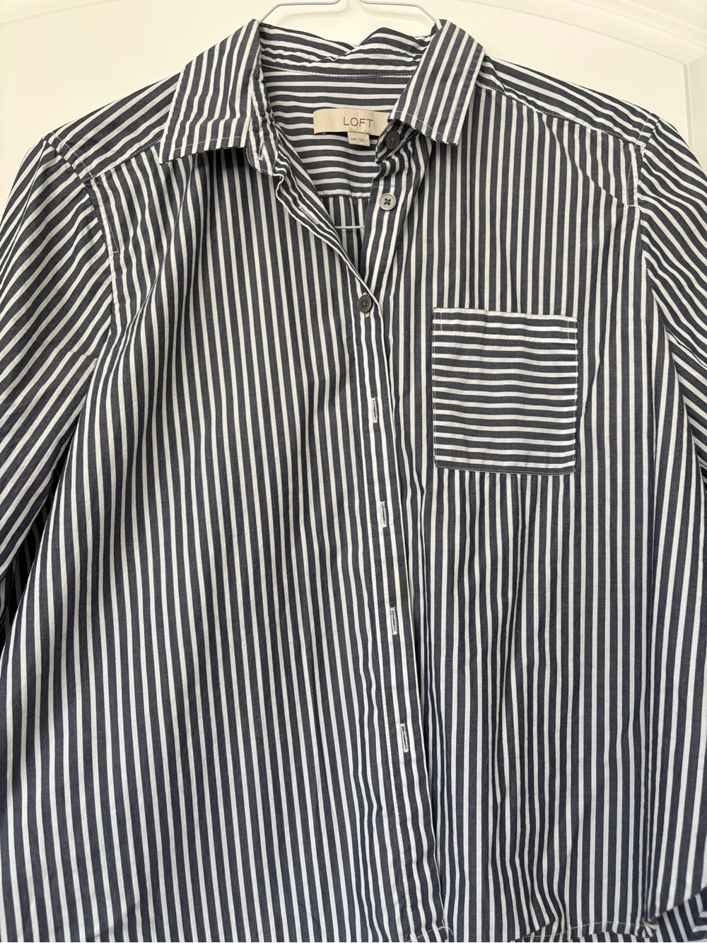 LOFT Women’s Navy and White Striped Button-Up Shirt